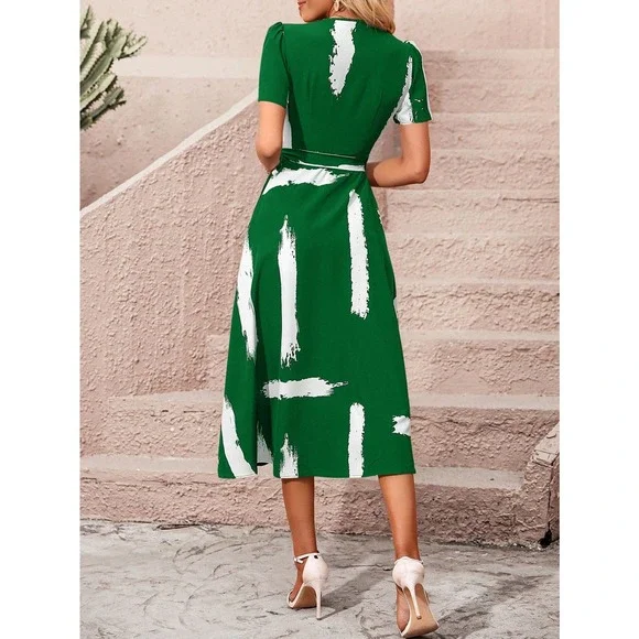 minimalist Brush Print Knot Side Wrap midi Dress black white - Picture 5 of 12